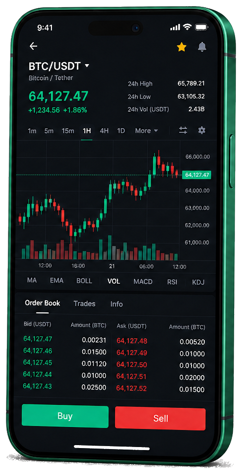 Interface mobile de trading Lande Avoirecto — cours BTC/USDT en direct, carnet d’ordres et outils d’exécution